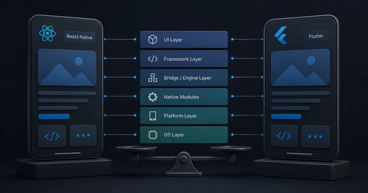 React Native and Flutter mobile architecture panels compared across shared UI and platform layers