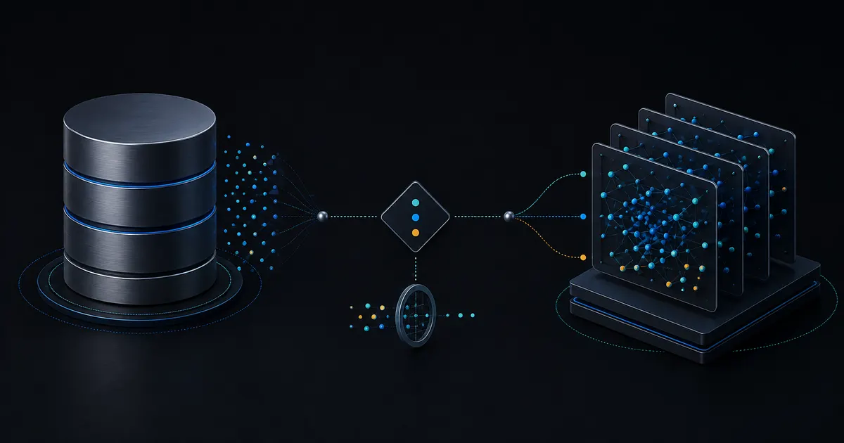 Dark editorial comparison showing PostgreSQL with vectors on one side and a dedicated vector search service on the other