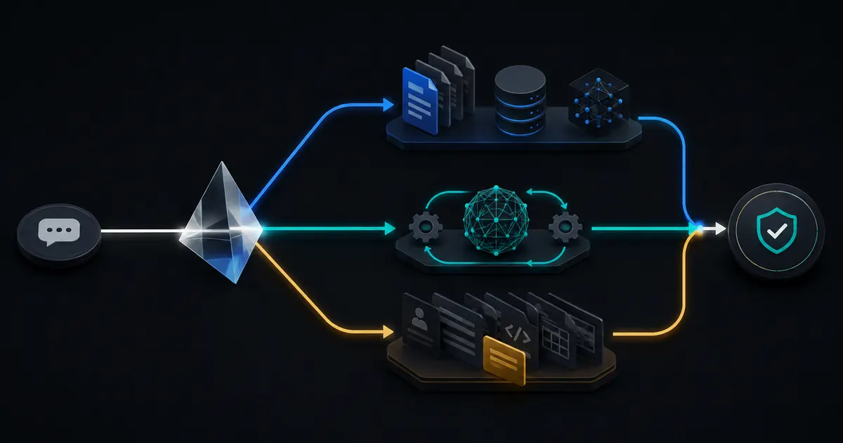 Dark editorial AI architecture showing a request passing through context assembly, retrieval, fine-tuning, and response evaluation