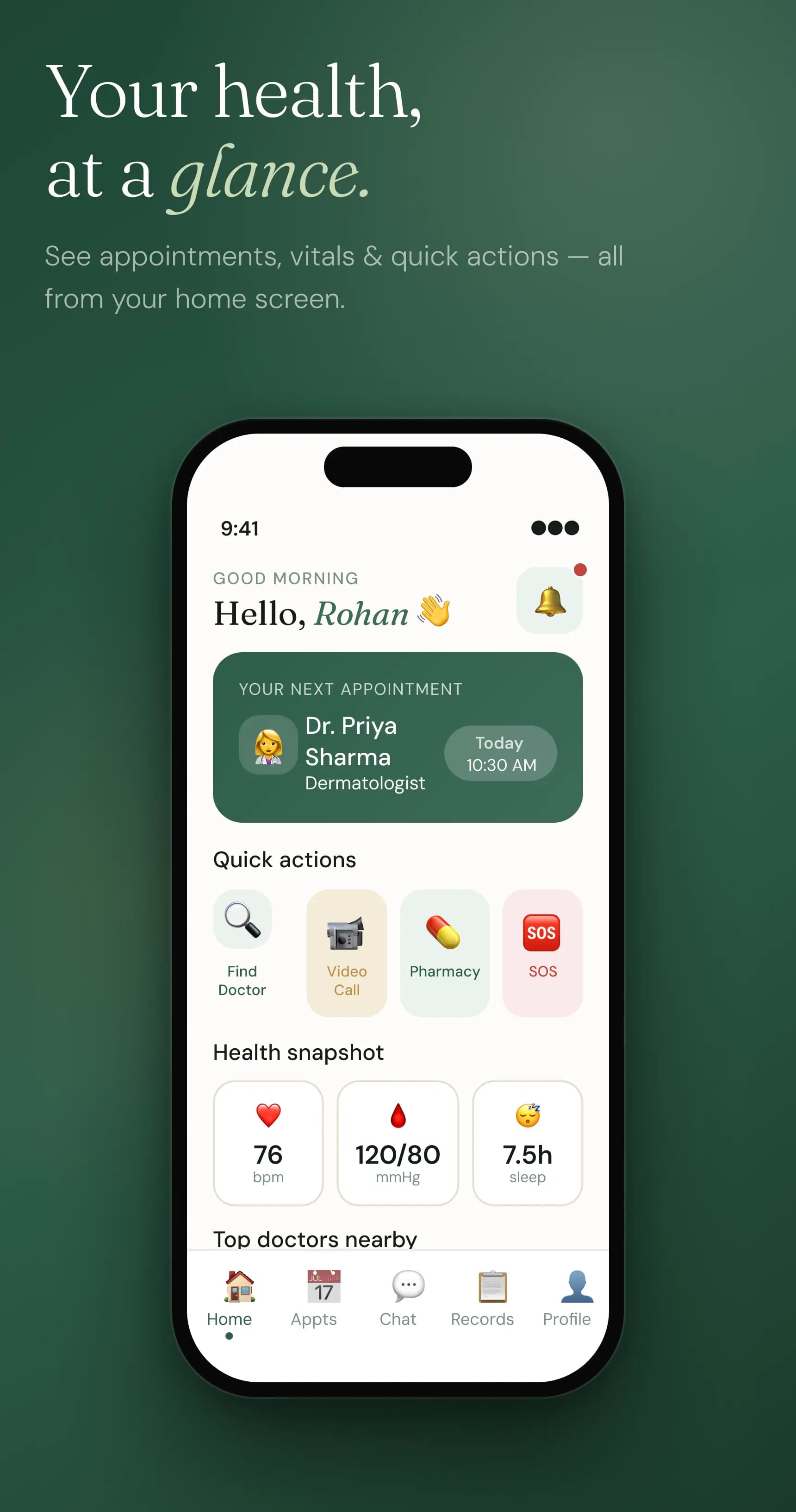 MedCare Healthcare Mobile App - Home Dashboard