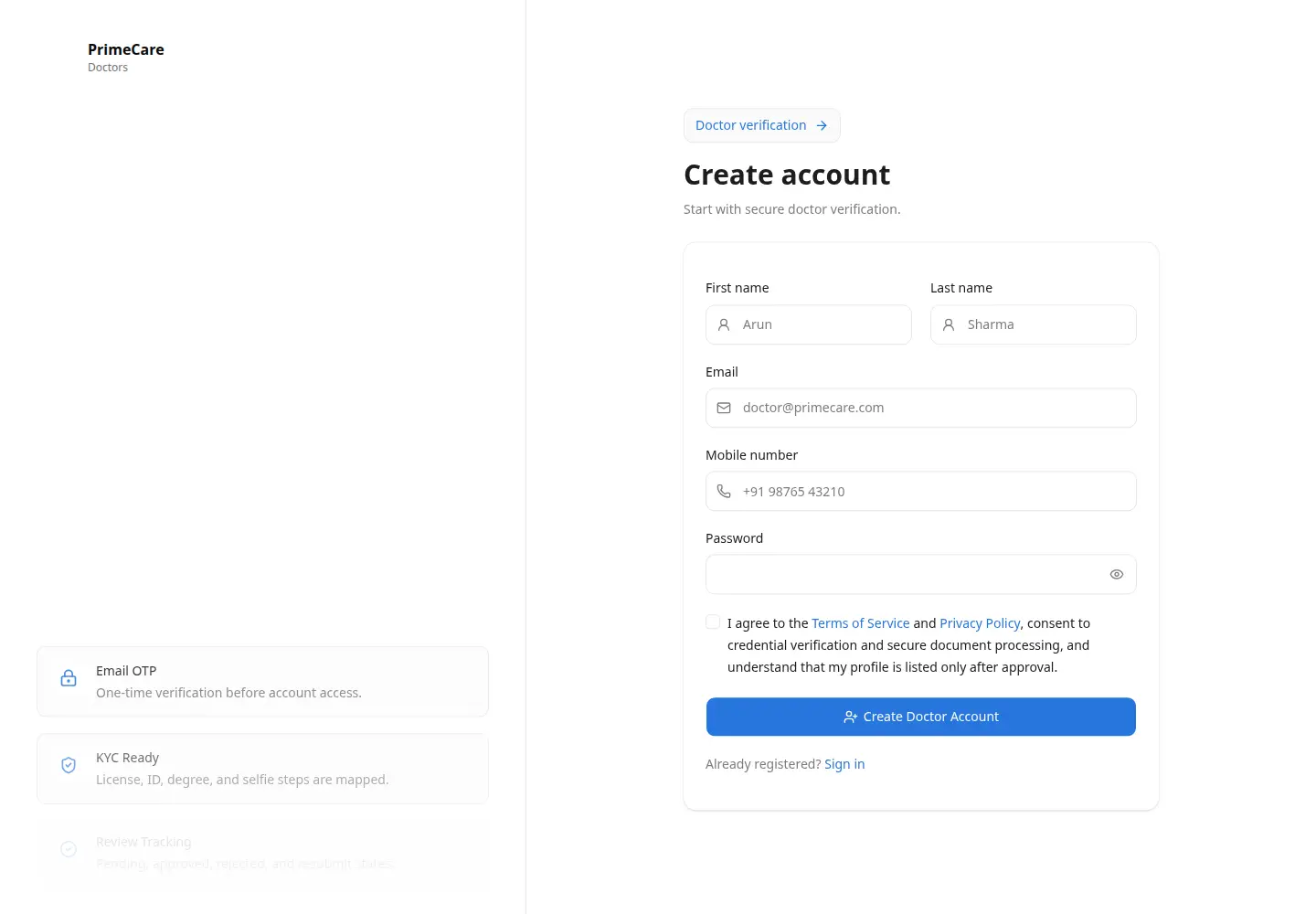 Prime Cares doctor dashboard registration and verification portal