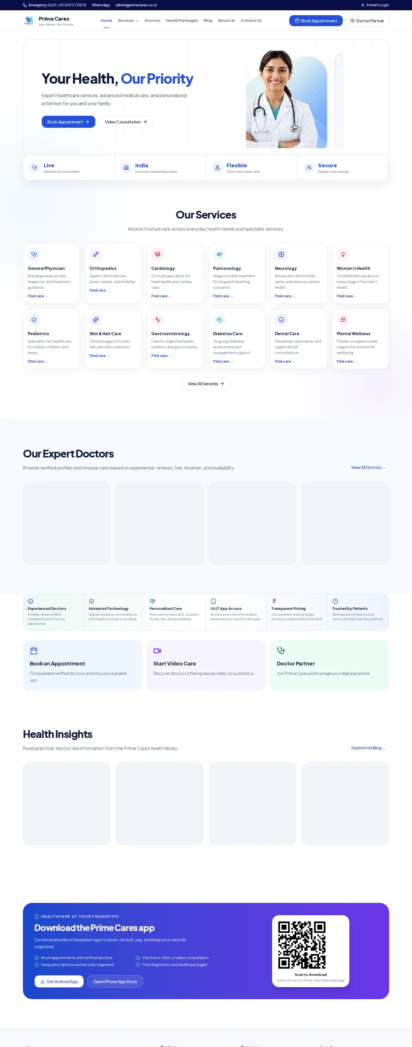 Prime Cares healthcare website homepage