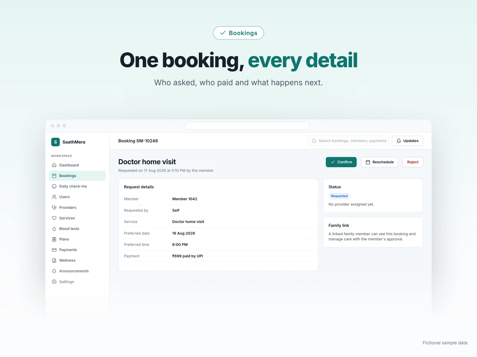 SaathMera booking detail with confirm, reschedule and reject actions