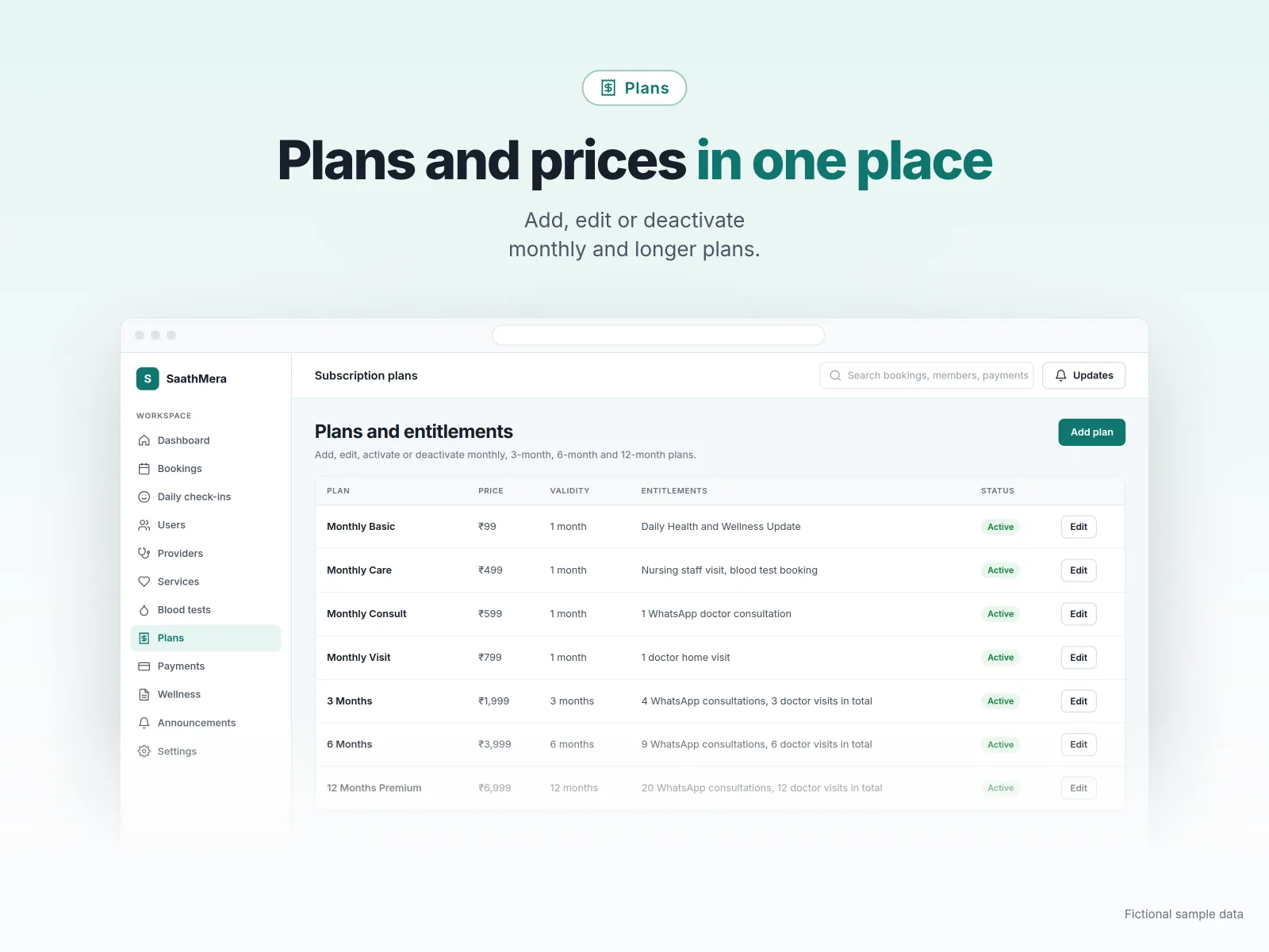 SaathMera plans and entitlements management screen