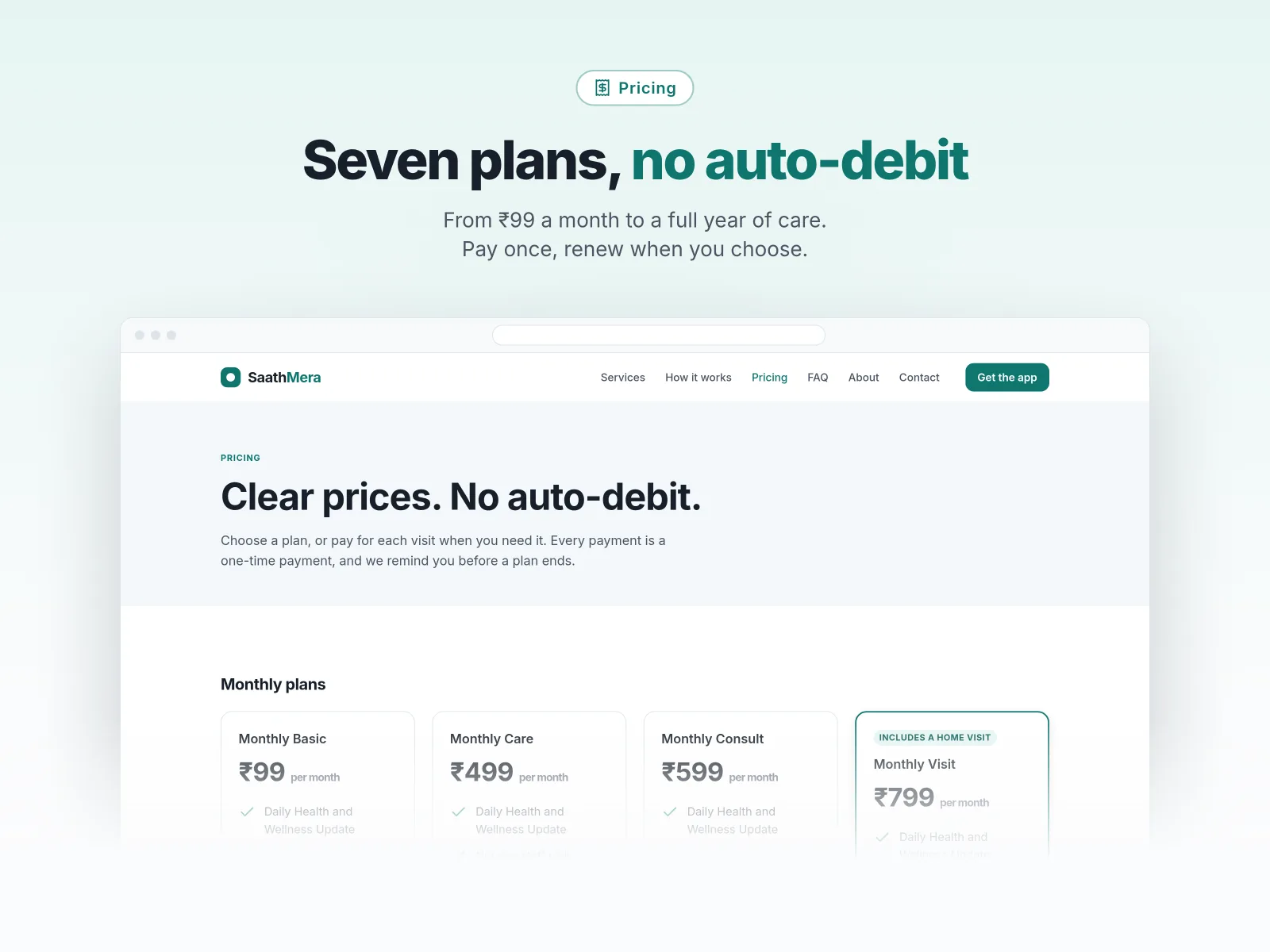 SaathMera pricing page with monthly and longer care plans
