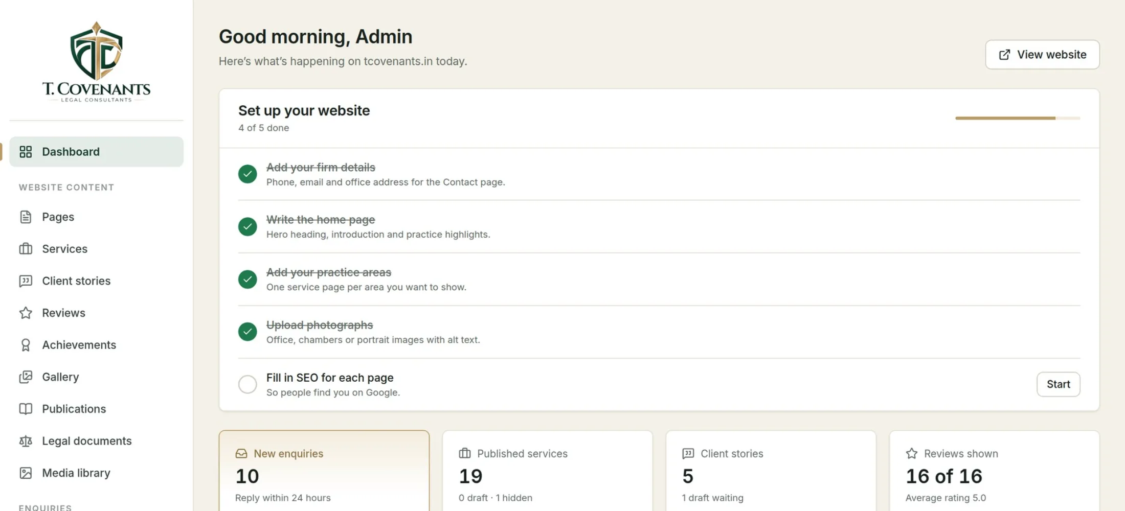 T. Covenants content studio dashboard with the website setup checklist