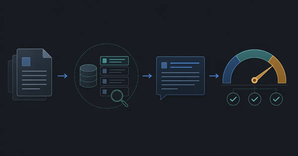 Documents moving through retrieval into an evaluated AI answer pipeline