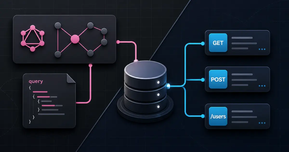 GraphQL schema and query objects compared with REST GET and POST resource cards around a shared database