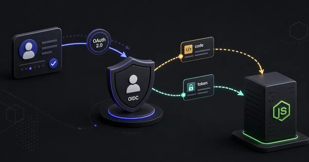 OAuth 2.0 authorization code and access token flowing from an identity provider shield to a Node.js API server