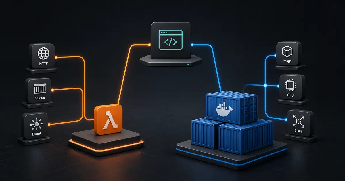 Serverless event triggers and an AWS Lambda-style function compared with a Docker container stack serving a shared application endpoint