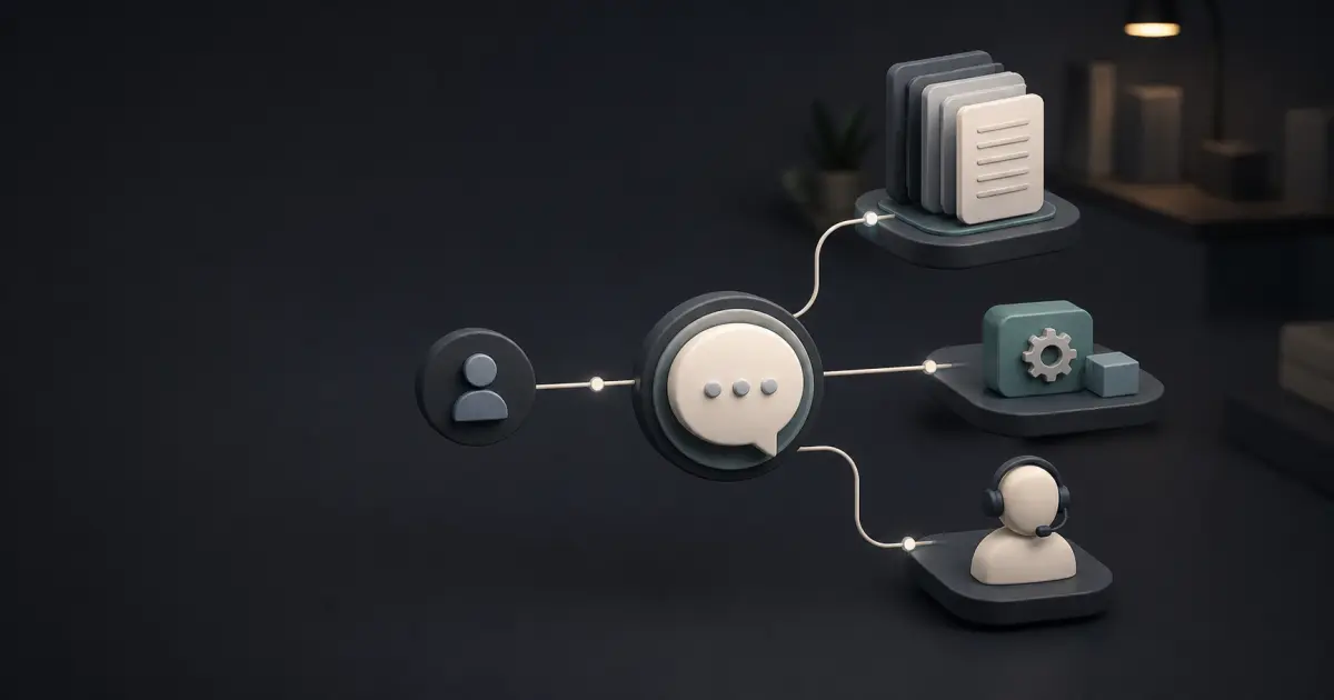 Abstract AI support agent flow connecting knowledge, tools, and human handoff