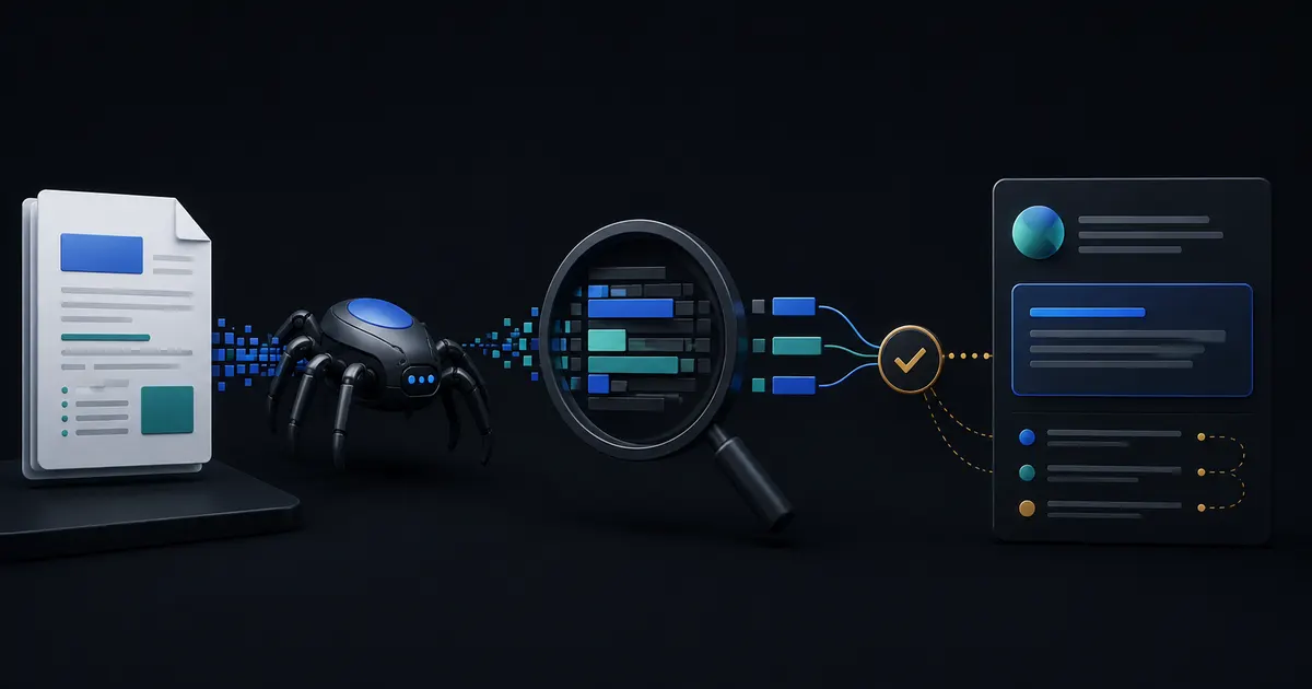 Dark editorial search diagram showing a product page being crawled, parsed into passages, and cited in an AI answer