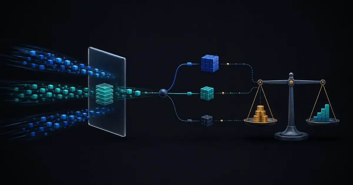 Dark editorial cost flow showing SaaS requests routed through model tiers, prompt cache, token budget, and usage attribution
