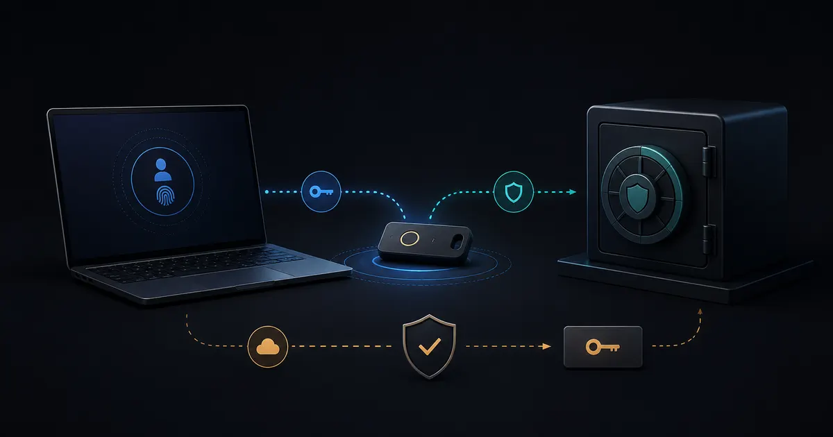 Dark editorial passkey ceremony showing a browser, authenticator, tenant policy, and verified public key