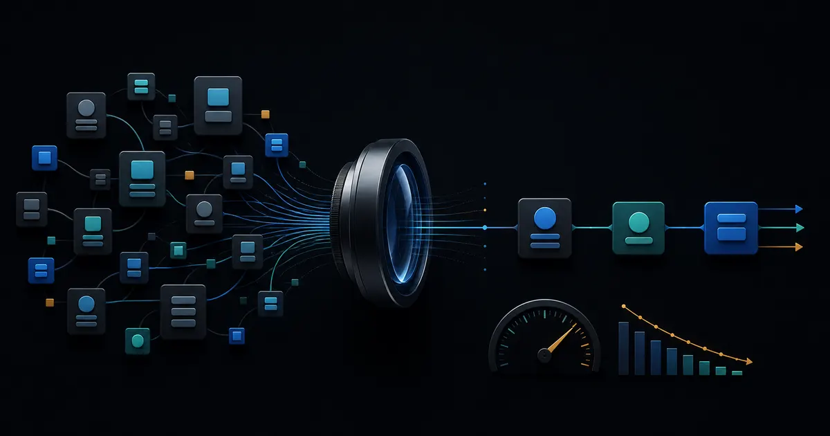 Dark editorial pipeline showing React source code passing through a compiler into measured production renders