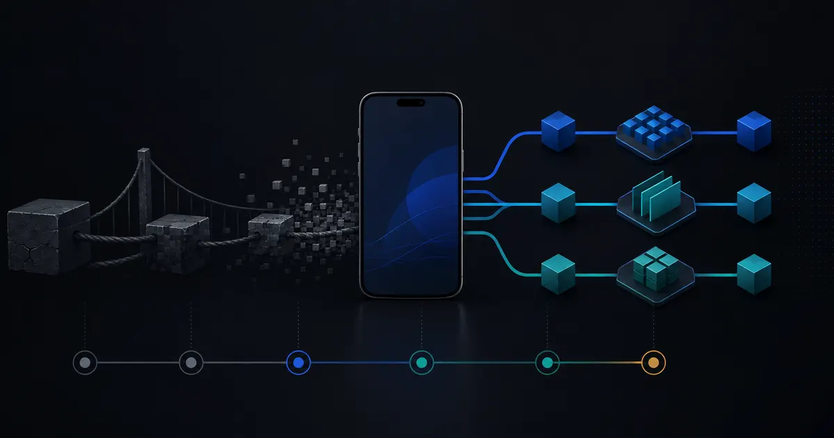 Dark editorial mobile architecture diagram showing a React Native app moving from the legacy bridge to JSI, Fabric, and modern modules