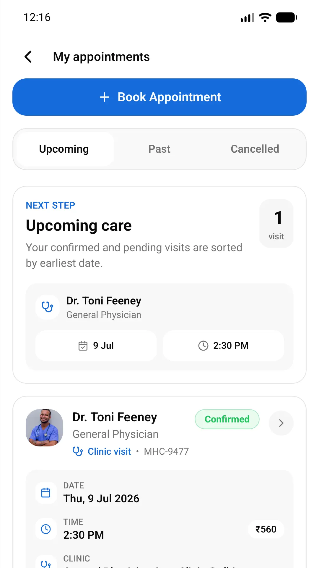 Prime Cares appointments screen