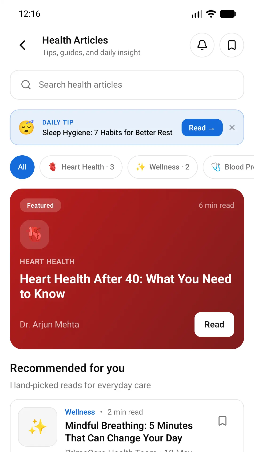 Prime Cares health articles screen