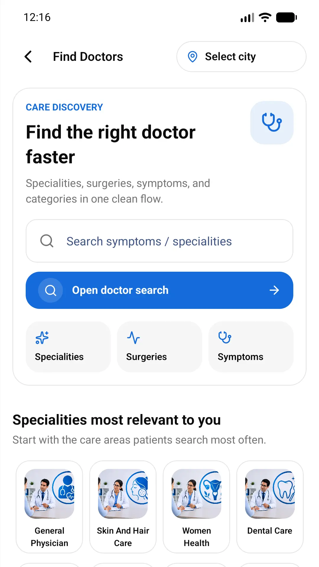 Prime Cares doctor discovery screen