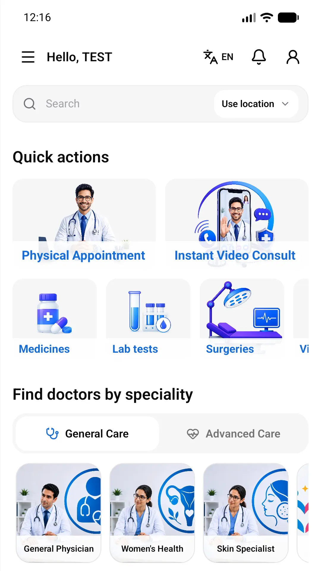 Prime Cares patient app home screen
