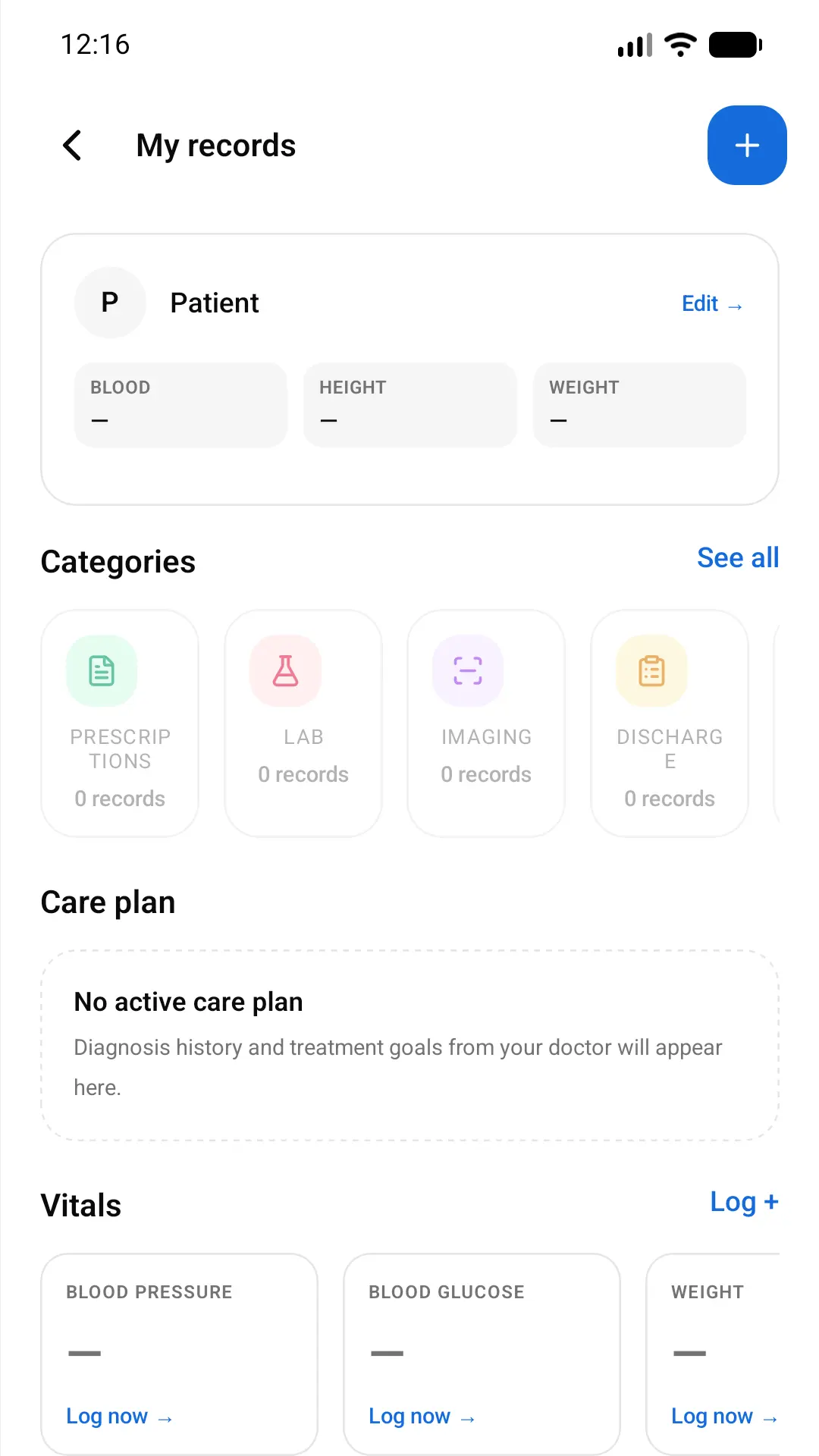 Prime Cares health records screen