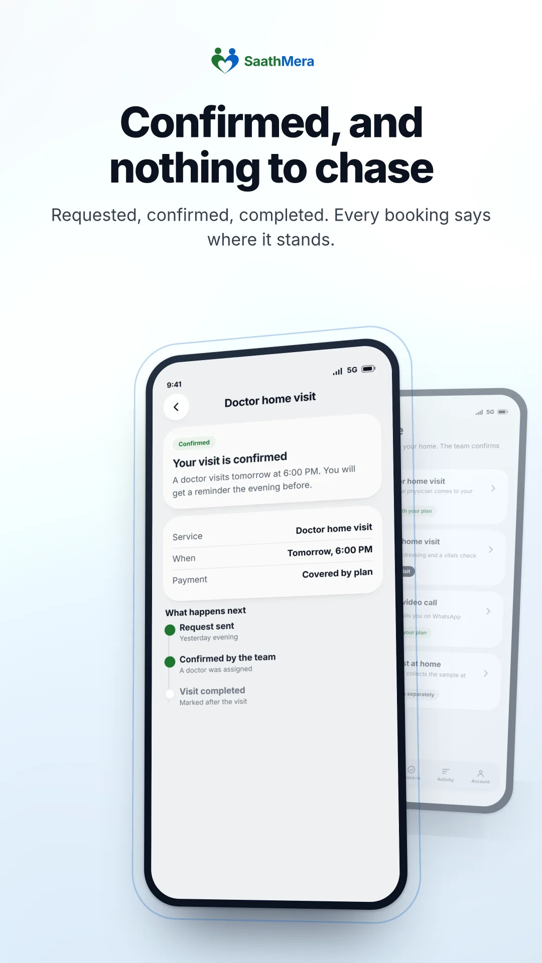 SaathMera booking detail showing a confirmed doctor home visit