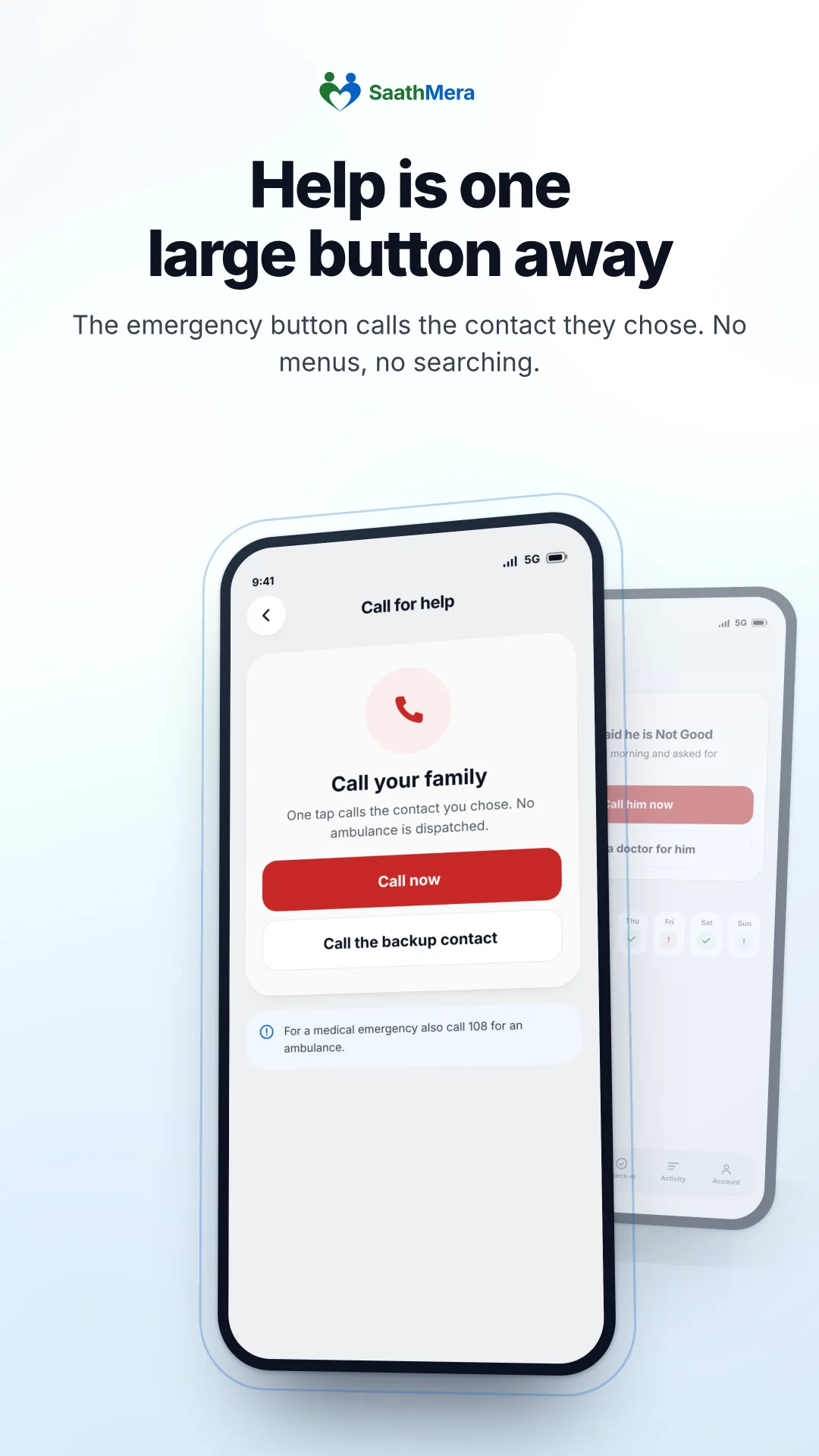 SaathMera emergency screen that calls the chosen contact