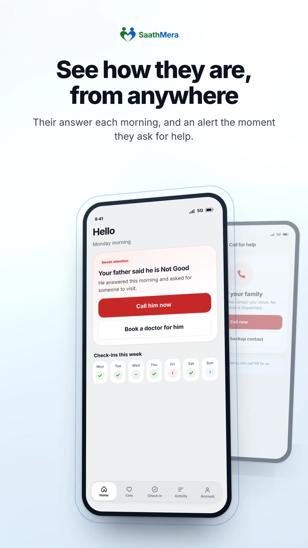 SaathMera family view with a Not Good alert and weekly check-ins