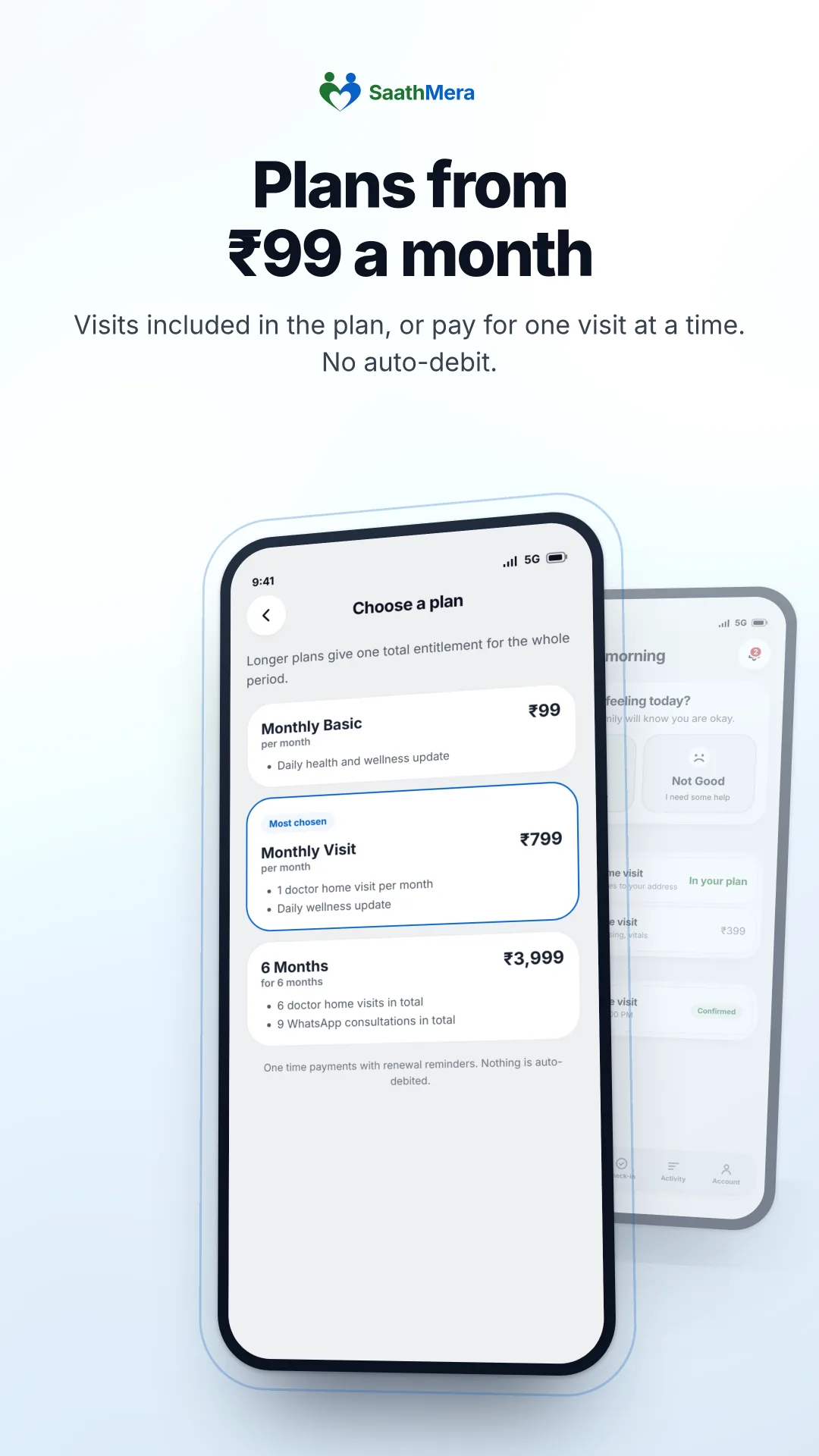 SaathMera plan selection screen with monthly and longer plans