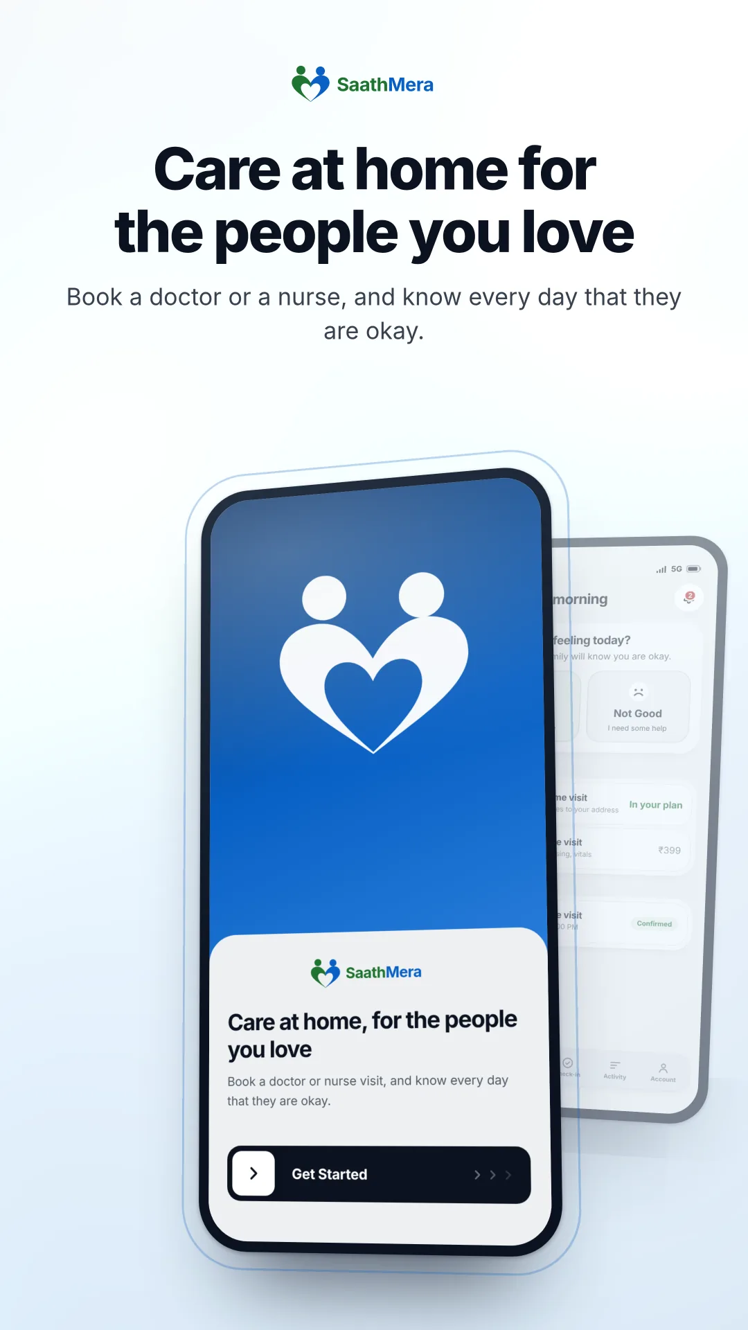 SaathMera welcome screen introducing care at home