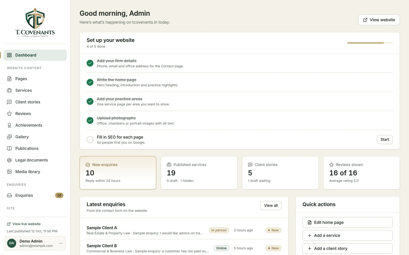 T. Covenants CMS dashboard with setup checklist and enquiry overview