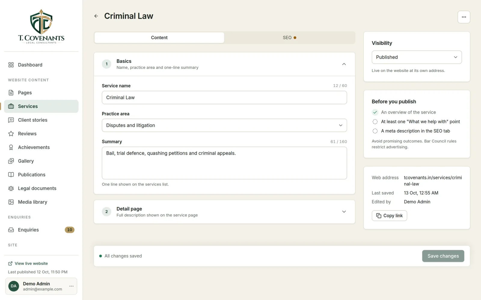 T. Covenants CMS service editor with content and SEO tabs