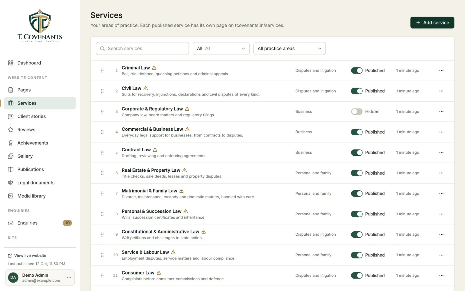T. Covenants CMS services list with publish switches and drag to reorder