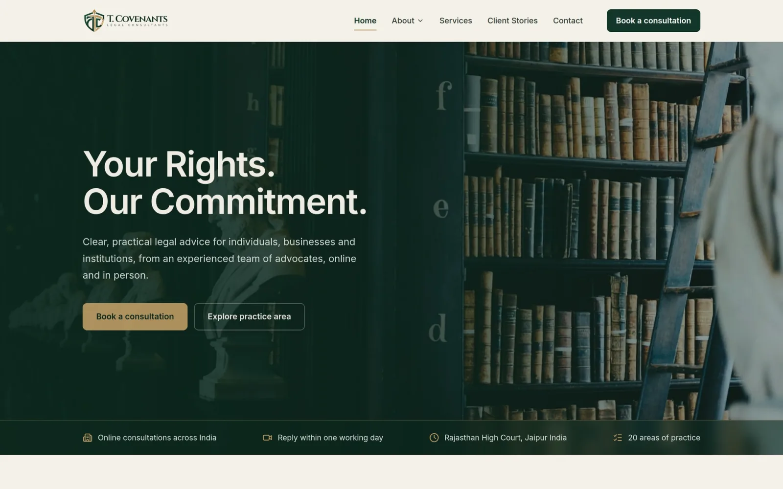 T. Covenants home page with consultation booking
