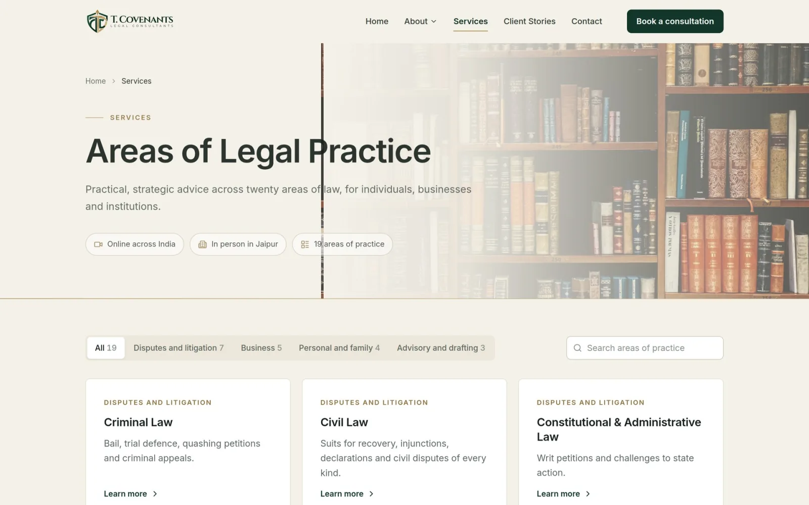 T. Covenants areas of legal practice page with filters